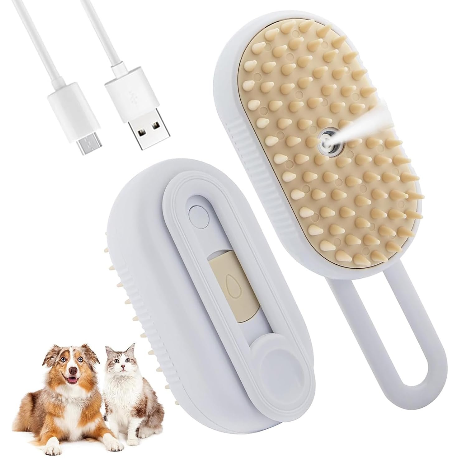 $10 4-in-1 Cat Steam Brush Cat and Dog Anti-Static steam Brush with Spray for Massaging,Cleaning,Shedding,Grooming,2025 New Rechargeable Pet Grooming Brushes(Cream Khaki) (Brush White)
