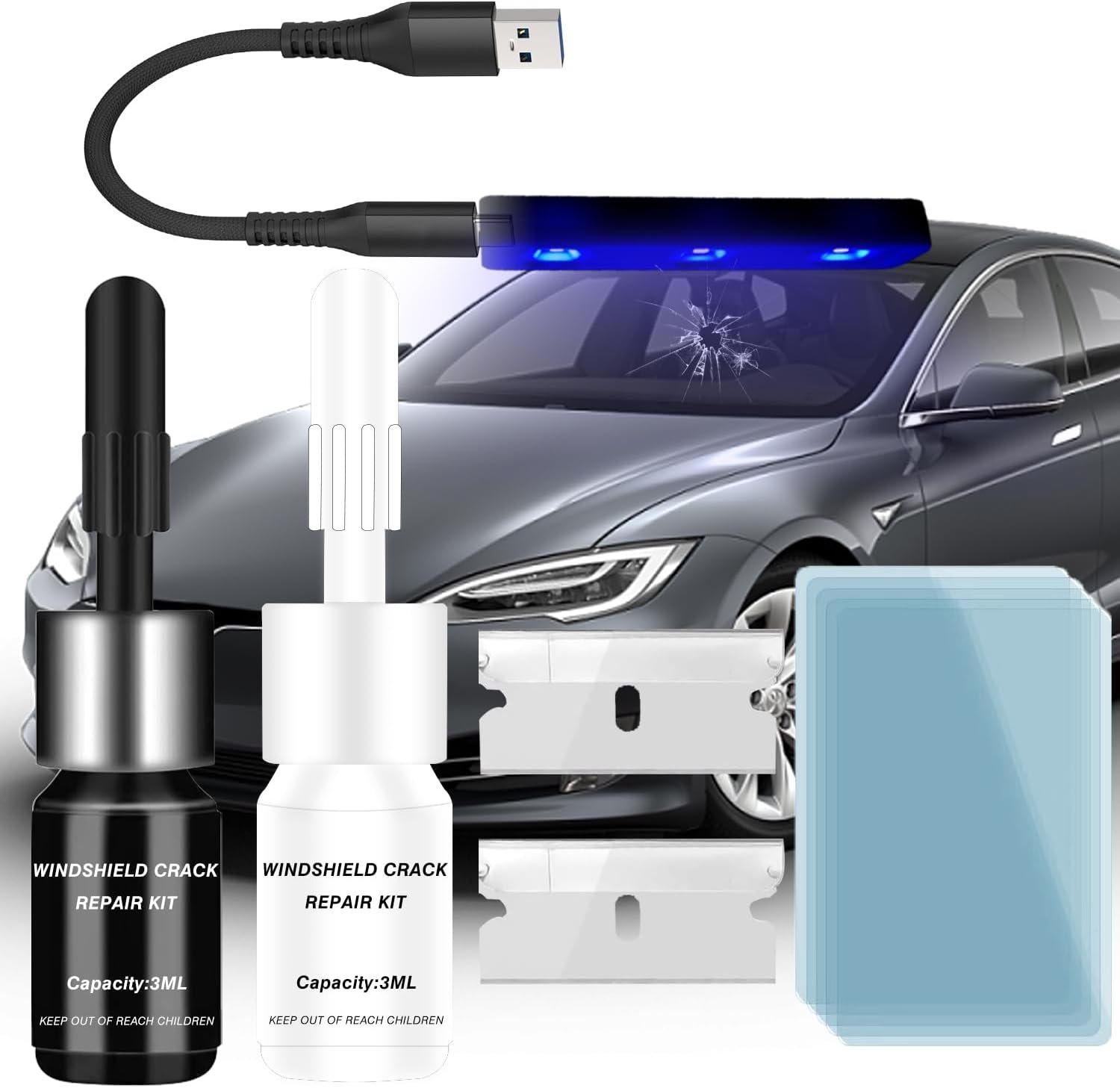 $20 Windshield Repair Kit, Windshield Crack Repair Kit, Windshield Chip Repair Kit, Windshield Repair Kit for Chips and Cracks, Rock Chip Repair Kit Windshield, 15 Min Quick Fix with USB-C (UV)
