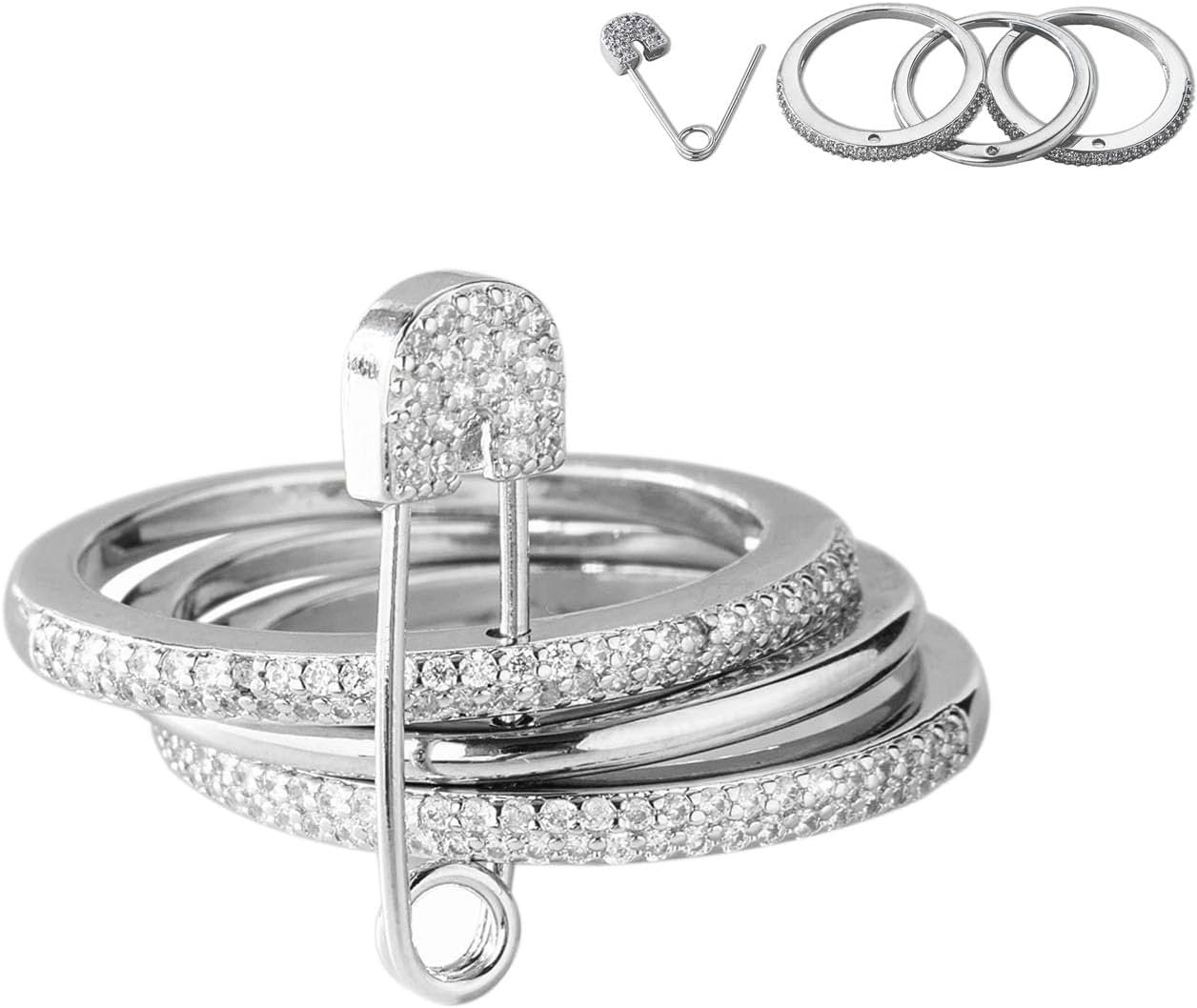 $7 Safety Pin Silver& Gold Stackable Rings for Women Non Tarnish 14k Gold Plated Statement Ring Set Cubic Zirconia Wedding Rings Thumb Ring Stack Pack Unique Jewelry Gift Women