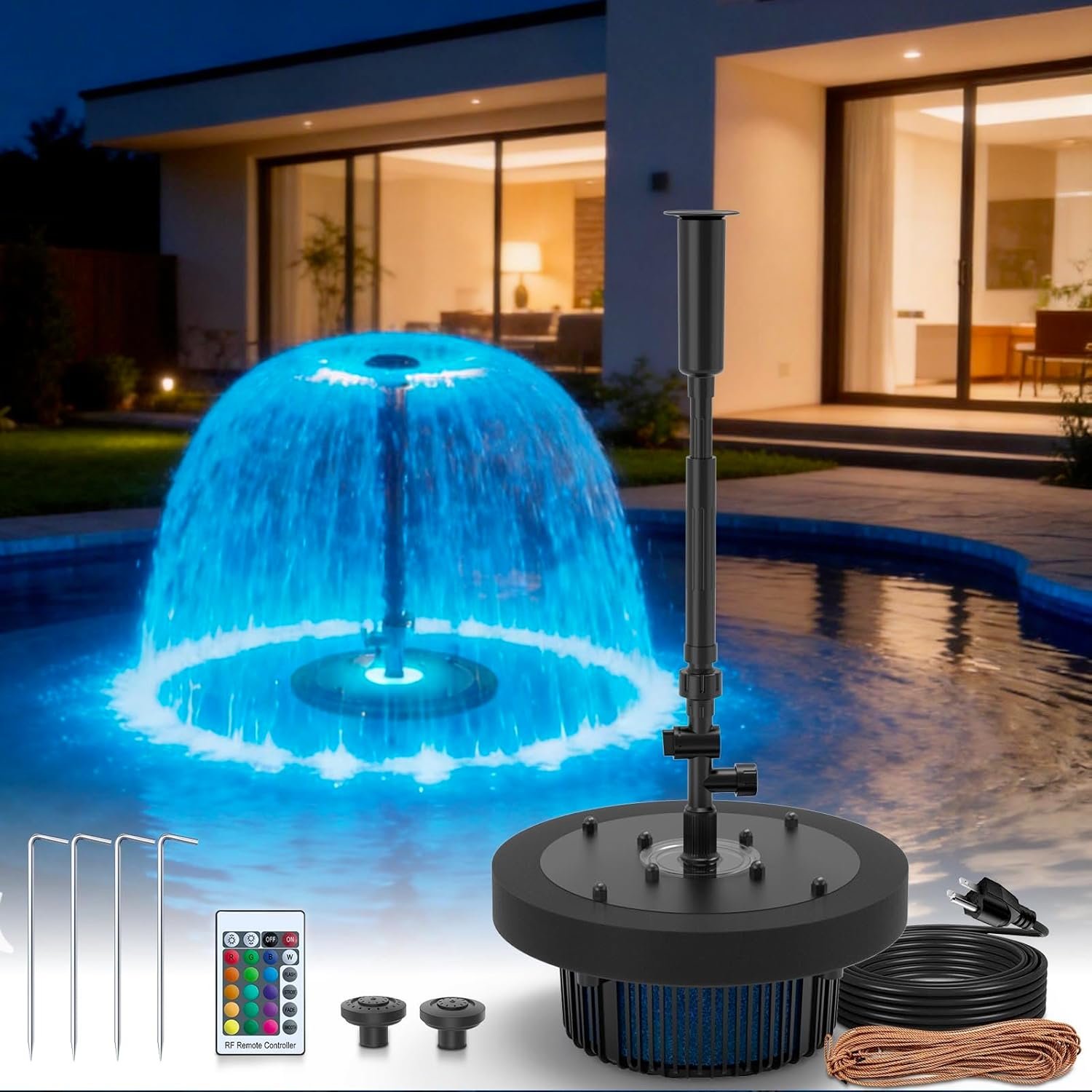 $150 Floating Pond Fountain Pump with Remote RGB LED Lights & Filter Sponge