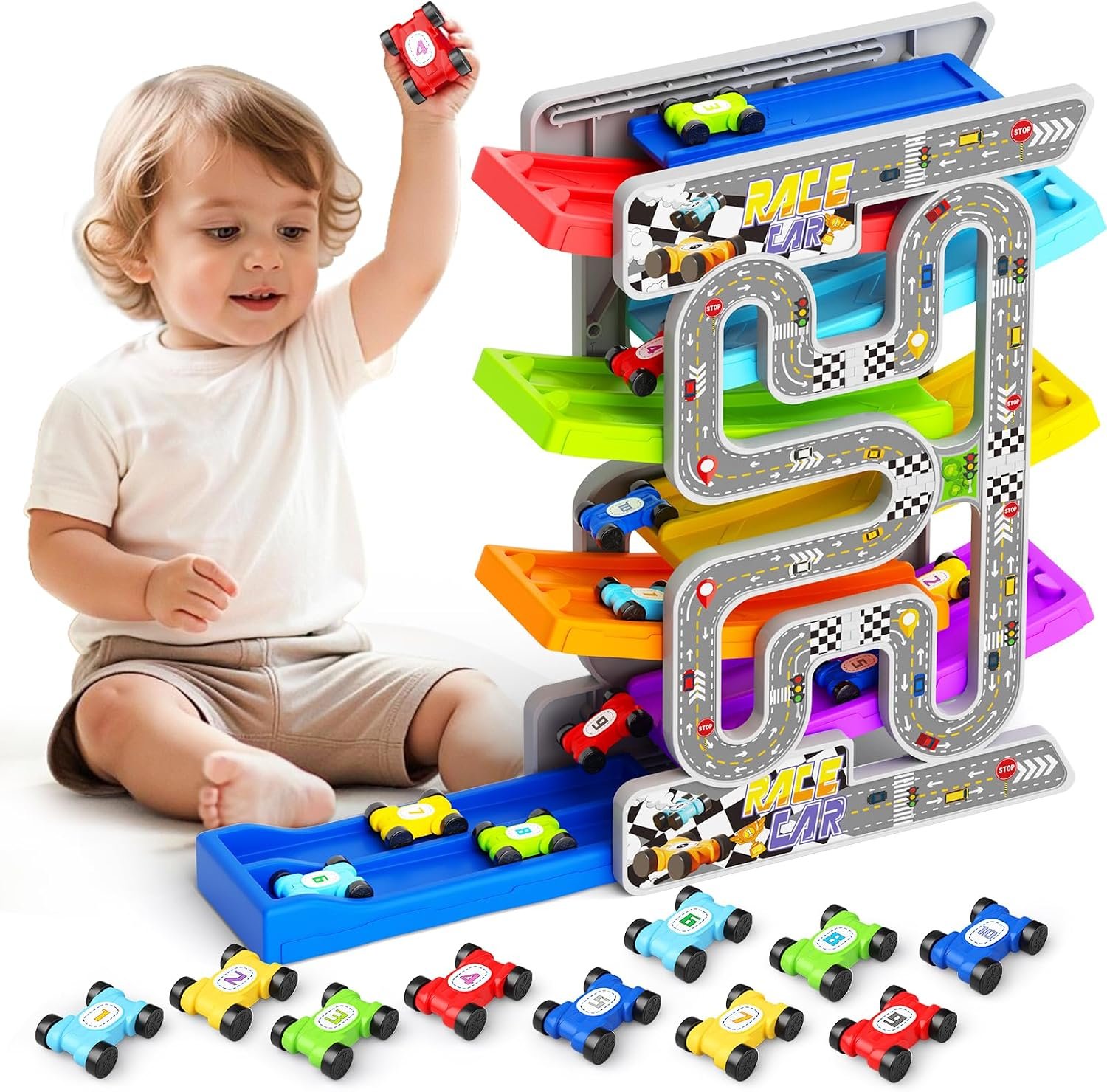 $26 Montessori Toddler Toy for 2 3 Year Old Boy Girl, Dual Track Toy & 10 Cars