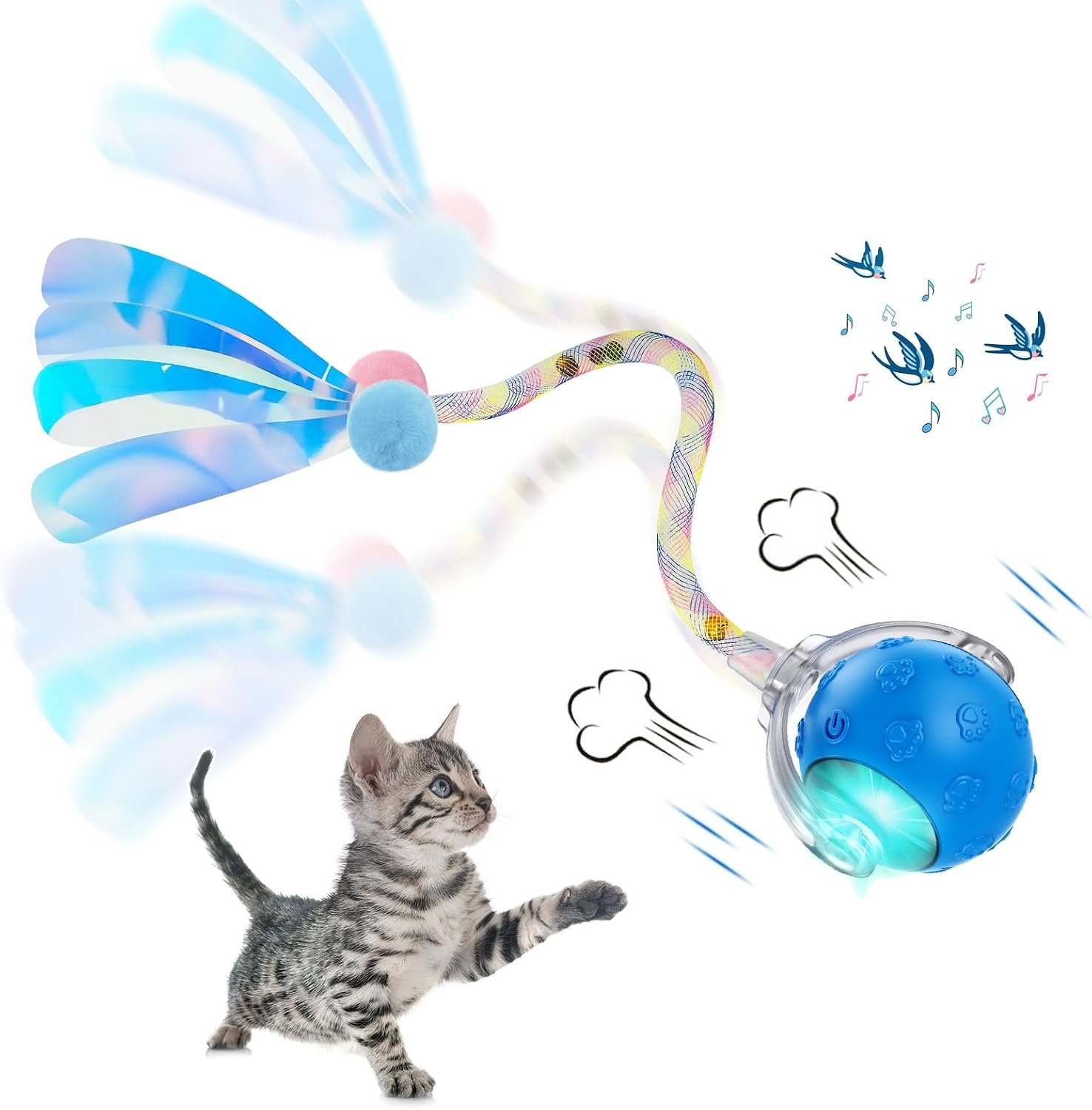 $7 Interactive Cat Ball Toy, Automatic Self-Rolling, Motion-Activated, 3 Replaceable Teaser Wand Tails, Food-Grade TPU-Reinforced, Built-In Bluetooth Speaker with Preloaded Bird Sounds/Optional Music