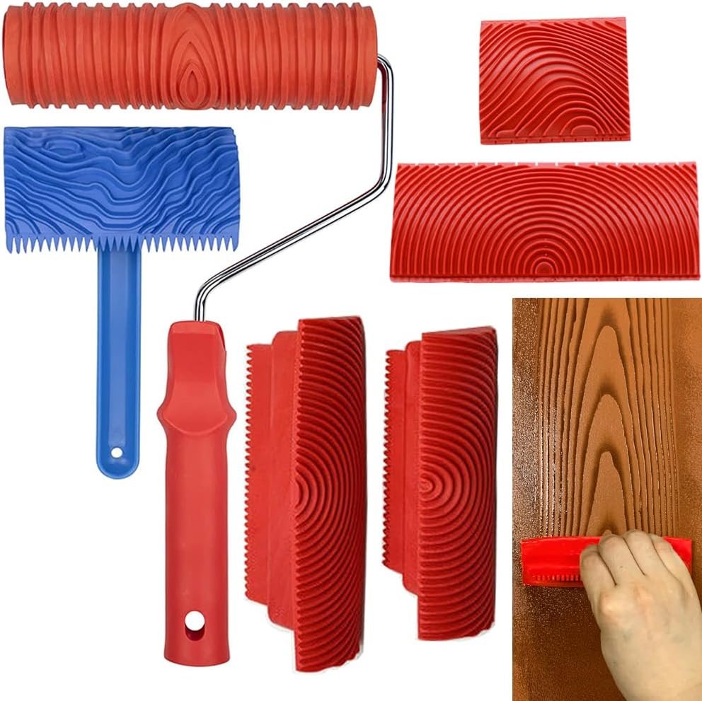 $18 Wood Graining Tool Set, 6pcs 7" Fake Wood Grain Roller Painting Tool with Handle DIY Rubber Graining Tool Paint Look Like Wood for Wall Room Art Paint Decoration