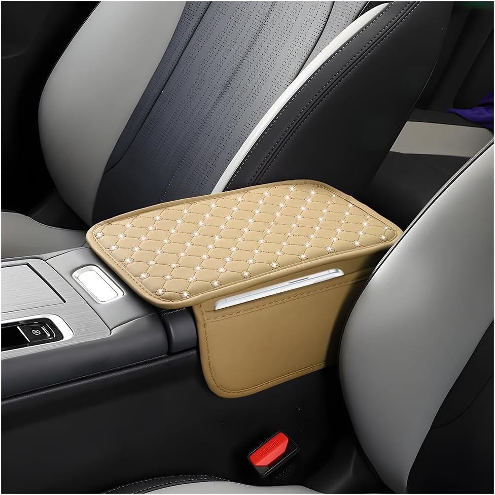 $6 Bling Car Center Console Cover, Leather Vehicle Armrest Storage Box Protector Cushion with 2 Storage Bags, Sparkling Auto Interior Arm Rest Mat Pad, Universal for Truck SUV Van (Beige)