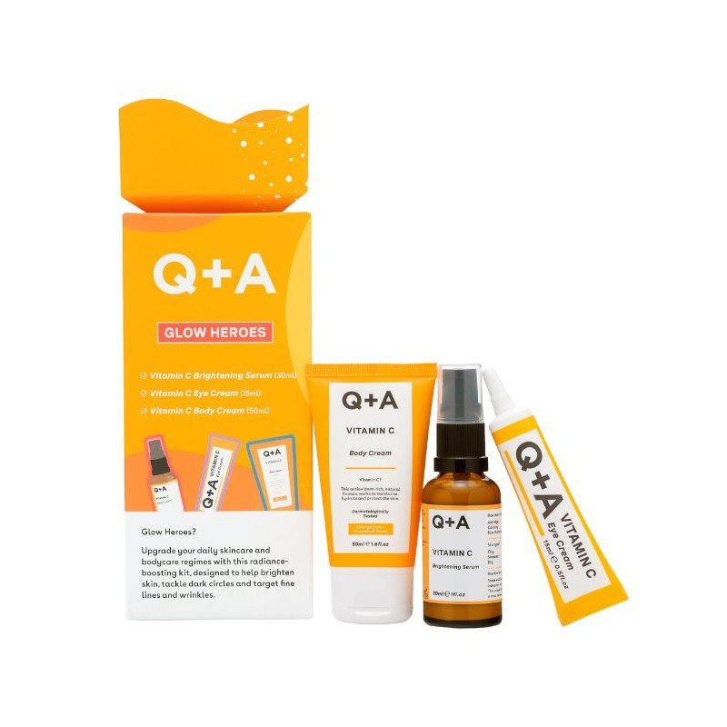 $15 Q+a Glow Heroes Skincare Gift Set - Vitamin C Serum, Eye Cream, Body Cream - Face the Future