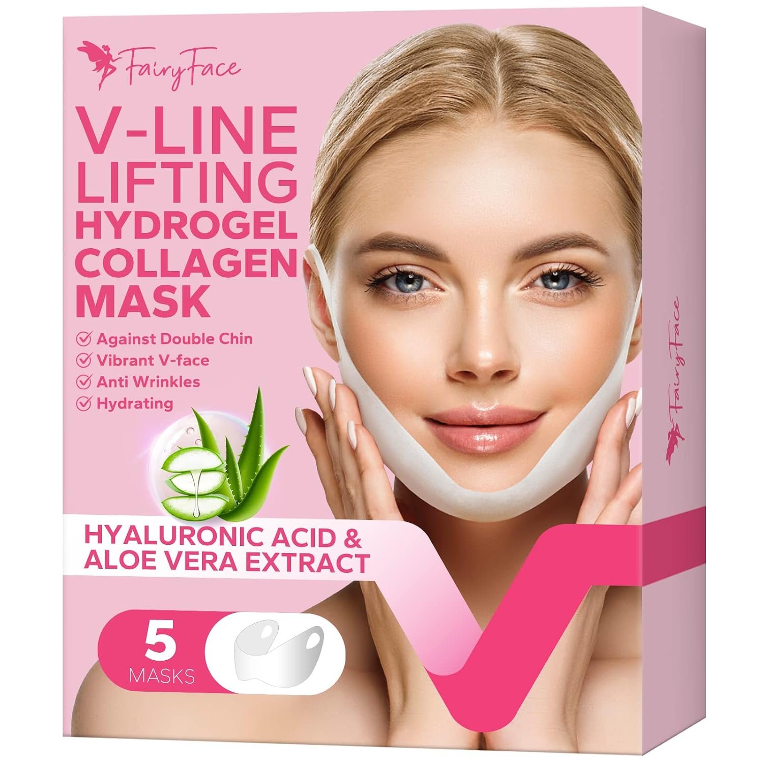 $10 FairyFace V Line Shaping Face Masks (5 Count), Double Chin Reducer, Lifting Hydrogel Collagen Mask with Aloe Vera and Seaweed, Anti-Aging and Anti-Wrinkle