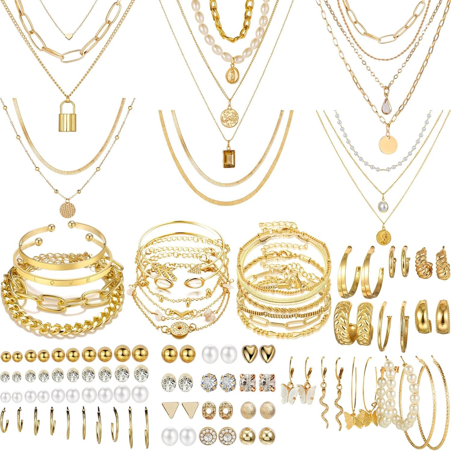 $16 NEWITIN 69 Pieces Gold Jewelry Set for Women Fashion Costume Jewelry Gold Plated Necklace Bracelet Earrings Set for Women