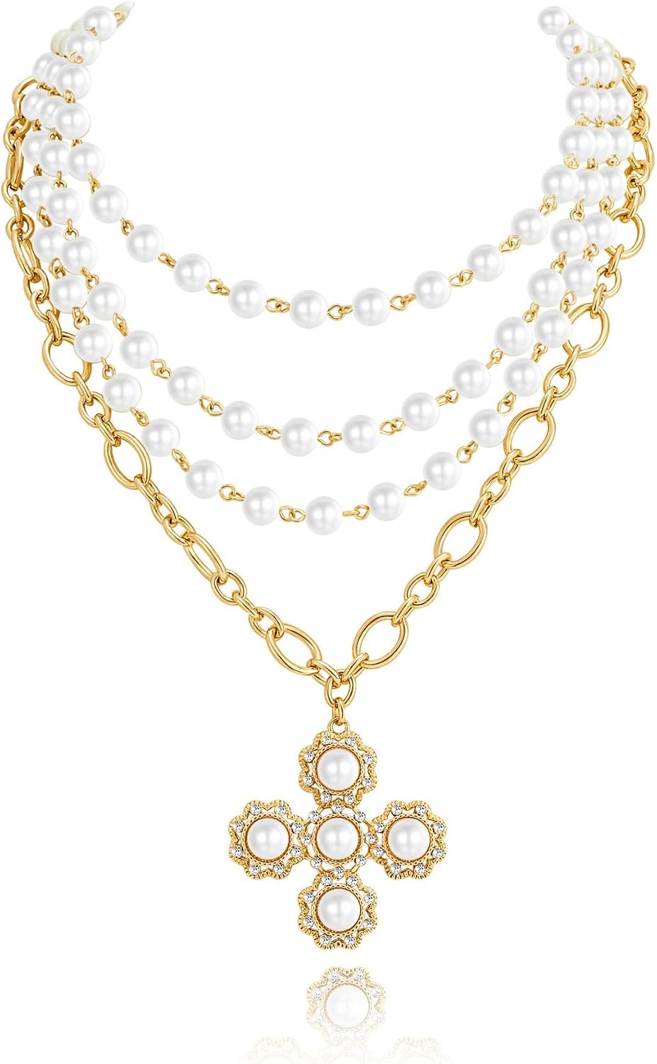 $14 LILIE&WHITE Gothic Gold Cross Necklace For Women Pearl Layered Necklaces Trendy Boho Rhinestone Cross Pendant Necklace Halloween Chain Chunky Emo Necklaces Fashion Gothic Jewelry