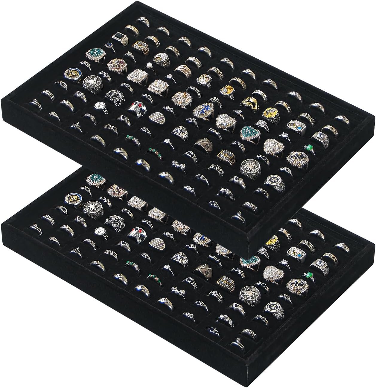 $18 Byken 2 Pcs Ring Organizer Dish Tray,Stackable Jewelry Organizer Trays for Drawer,100 Slots Rings Jewelry Displays for Selling (Black)