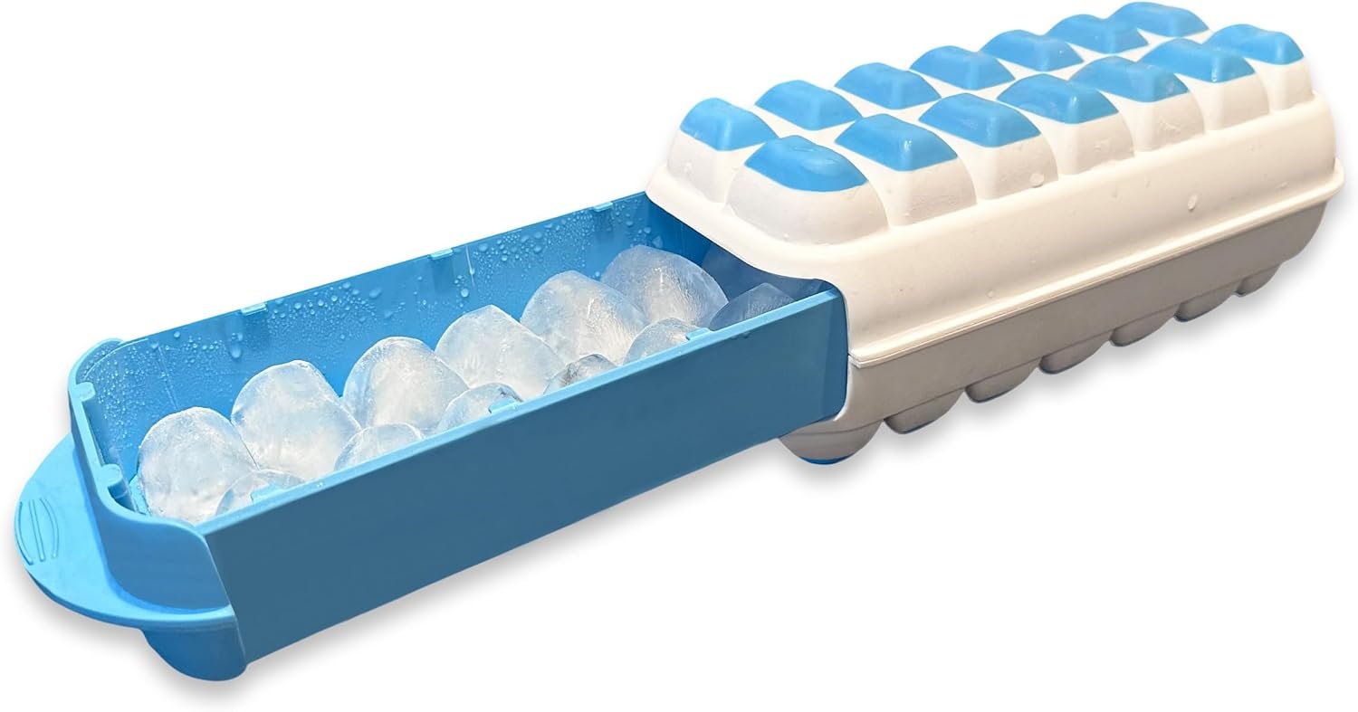 $18 New Ice Cube Tray with lid, 3in1 System - Easy fill, Easy Release, No-Spill, Sliding Storage Bin - 42 Large Cubes
