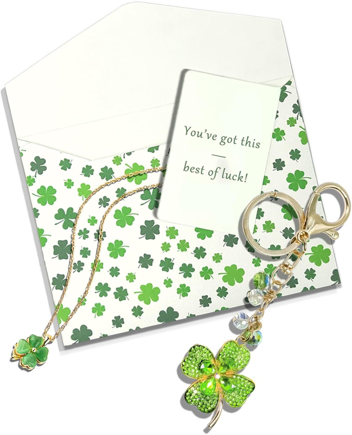 $13 HappyNest Four Leaf Clover Necklace Gift Set Includes Elegant 4 Leaf Clover Necklace, Four Leaf Clover Keychain, Card & Envelope Mother's Day Birthday Farewell Gift for Women Sister Friend Coworker
