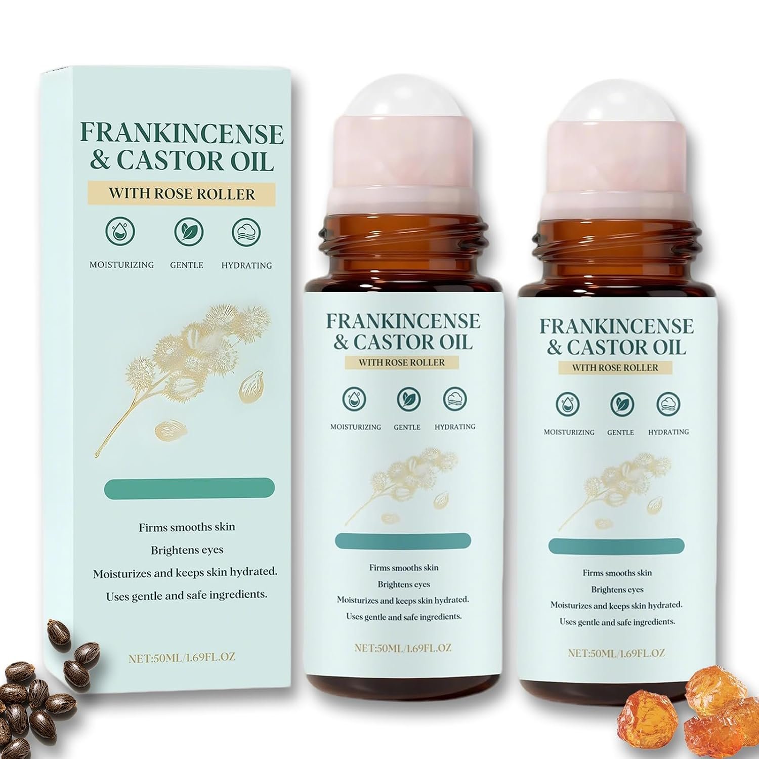 $15 Frankincense and Castor Oil Roller with Rose Quartz Soothing Firming Facial Oil for Face and Neck Daily Self-Care Ritual for Soft, Smooth, and Refreshed Skin (2Pc)