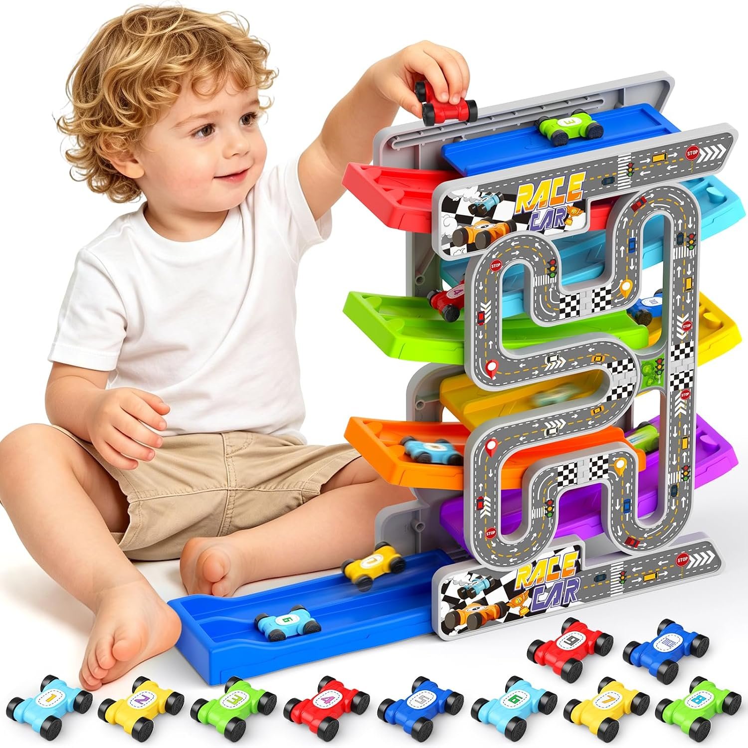 $26 Toddler Toys for 1-3 Year Old Boy, Dual Track Montessori Toys with 10 Cars