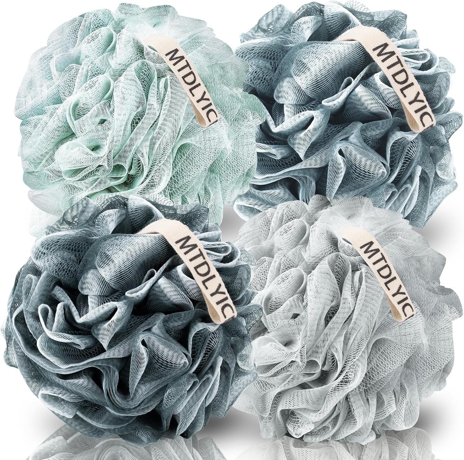 $10 MTDLYICE Loofah Sponge, XXL Large Loofah 100g 4 Pack, Bath Sponge Soft Mesh Shower Loofah for Men, Body Scrub, Shower Pouf Bath Accessories, for Body Wash, Soap (Blue Gray)