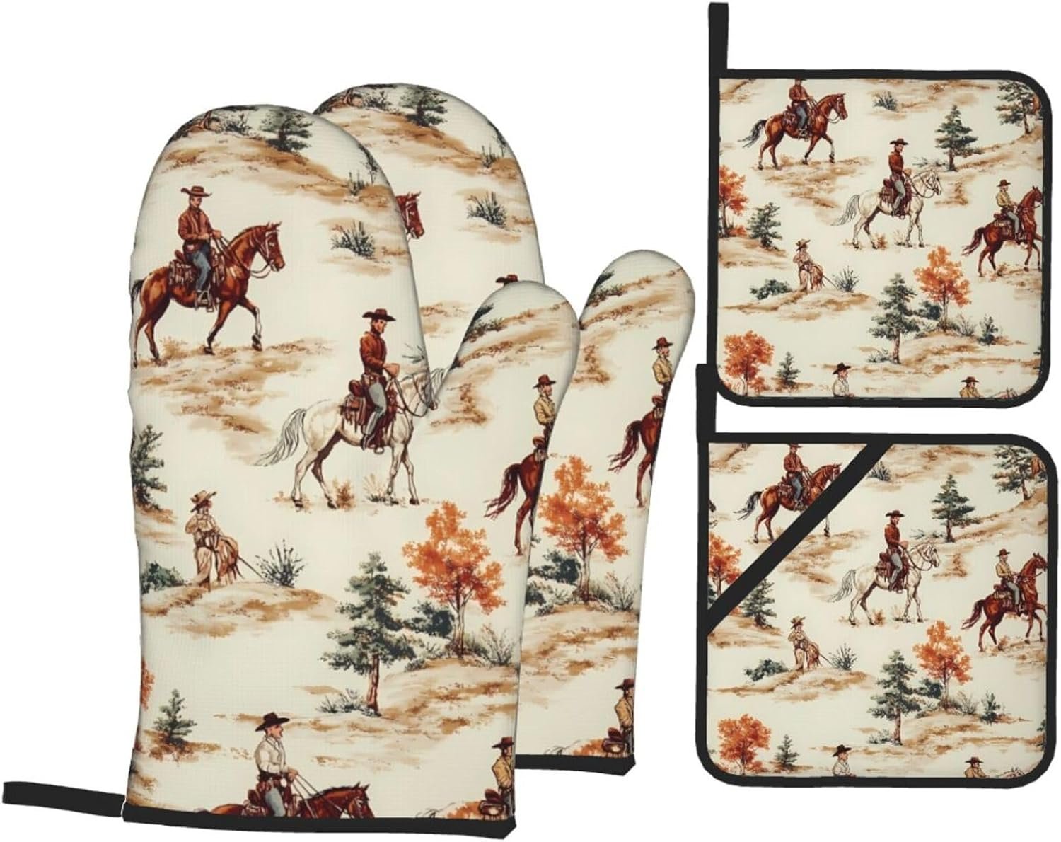 $18 Item is different from stock photo Western Cowboy 4pcs Oven Mitts and Potholders BBQ Gloves Non-Slip Heat Resistant for Kitchen,Cooking,Baking