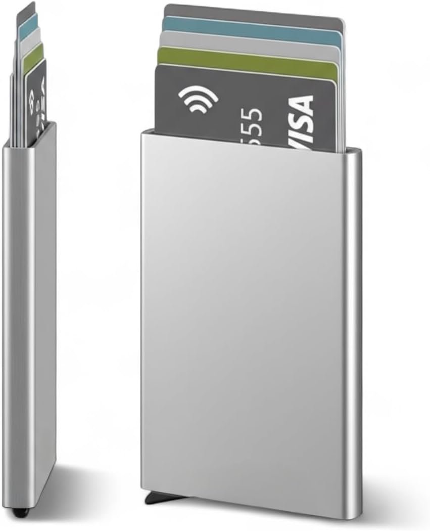 $13 Slim Aluminum Card Holder Wallet for Men, Minimalist RFID Blocking Wallet with Smart Pop-Up Function, Metal Wallet, Holds 5-7 Cards, Ultra-Thin Compact, Gifts for Men, Men's Accessories (Silver)