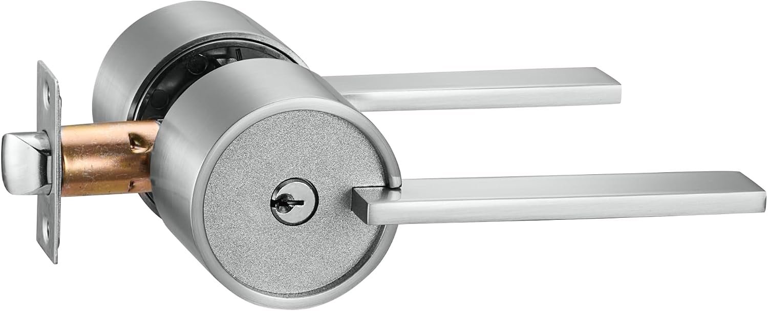 $15 Berlin Modisch Zero Gravity Urban Series Entry Lever Door Handle Lock and Key Locking Lever Set for Front Door or Office Reversible Heavy Duty Satin Nickel Finish