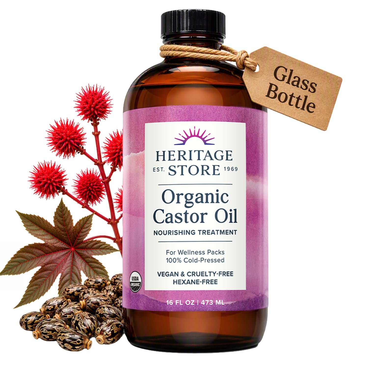 $21 HERITAGE STORE USDA Organic Castor Oil, Cold Pressed, 16 fl oz