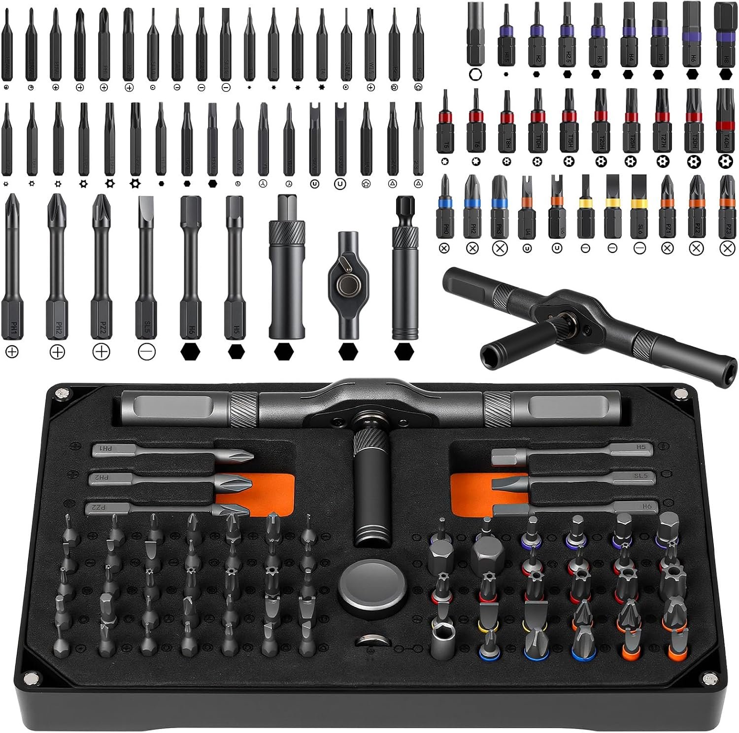 $37 Ratchet Screwdriver Set, 74 in 1 Magnetic Screwdriver Set with Detachable Allen Wrench Ratchet T Handle, S2 Steel Bits, Portable Compact Repair Tool Kit for Furniture Computer Bicycle Eyeglass and DIY