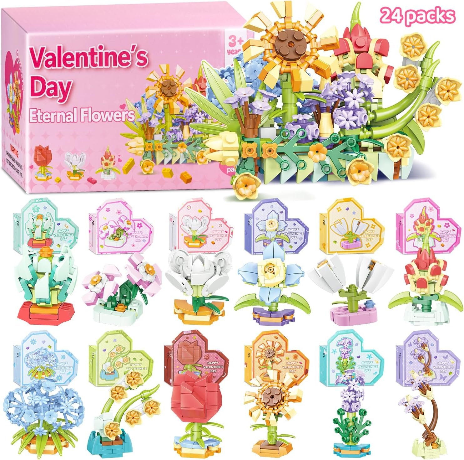 $19 24 PCS Easter Eggs Filled with Flower Building Blocks, Easter Basket Stuffers Fillers for Kids, Classroom Prizes, Easter Party Favors Gifts for Boys and Girls (Valentines Flower)