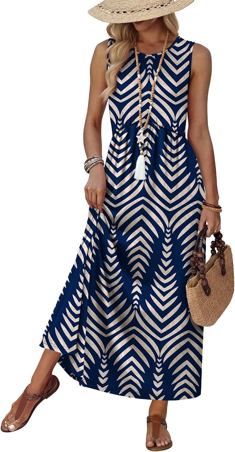 $24 WIHOLL sz l Summer Dresses Babydoll Maxi Dress Empire Waist Beach Vacation Sundresses 2026 with Pockets