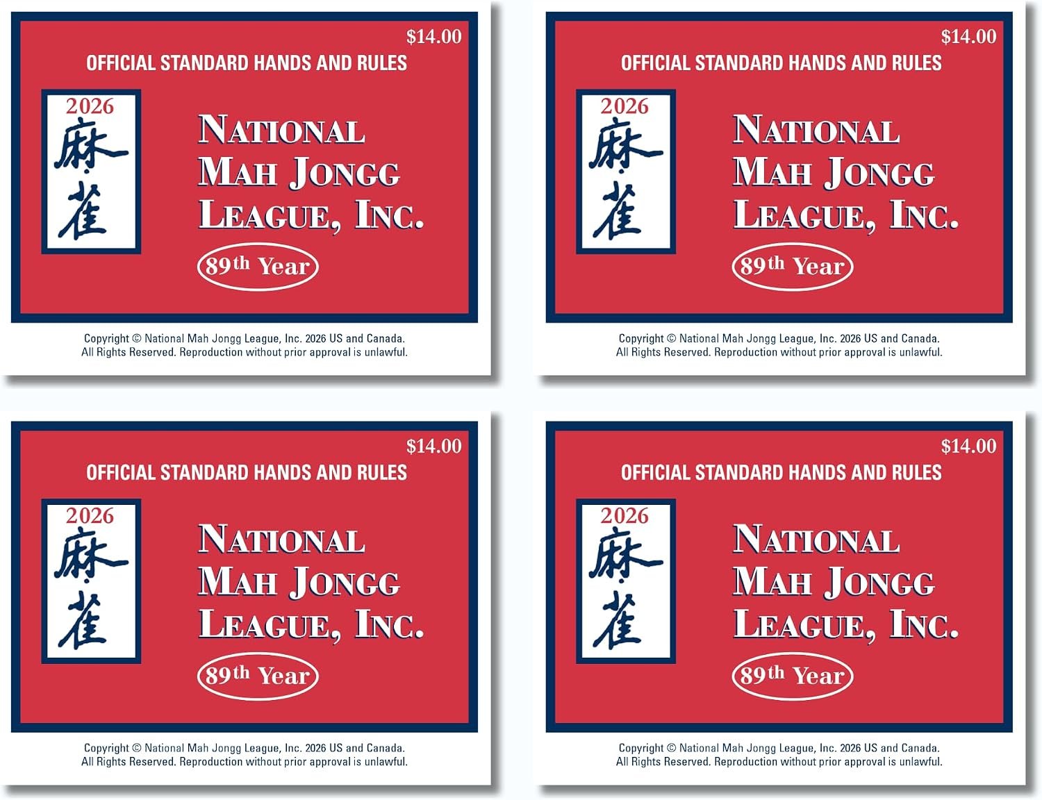 $56 National Mah Jongg League 2026 Mahjong Standard Size Cards Four-Pack Bundle - Official Hands and Rules for American Mahjong (Four Standard-Size Cards)