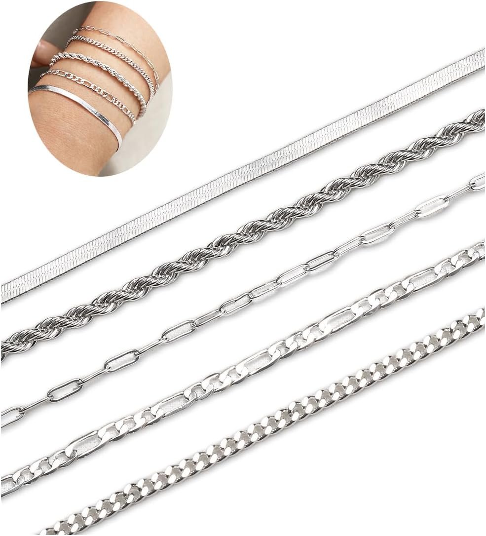 $10 Krfy 5Pcs Silver Bracelets for Women, Gold Plated Bracelet Stack, Non Tarnish Waterproof Bracelets for Women, Fashion Accessories with Paperclip Herringbone Figaro Cuban Twist Chains