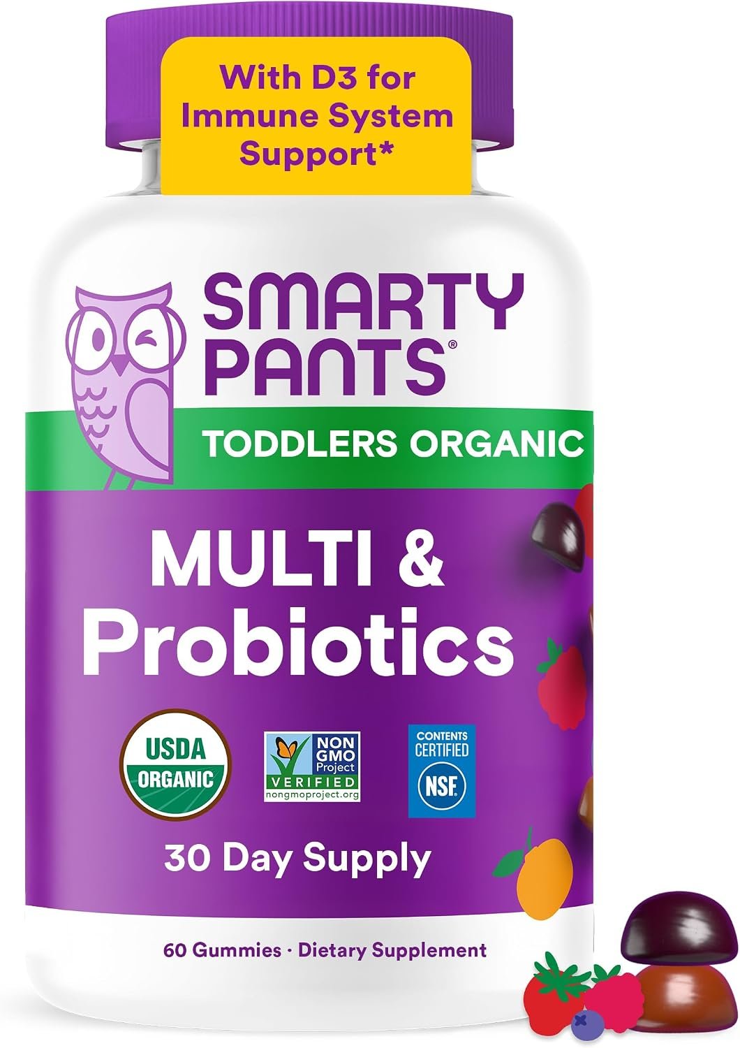 $26 SmartyPants Organic Toddler Multivitamin Gummies: Probiotics, Omega 3 (ALA), Beta Carotene, Vitamin B12, B6, A, K & Zinc, Beta Carotene, Gluten Free, Three Fruit Flavors, 60 Count (30 Day Supply)