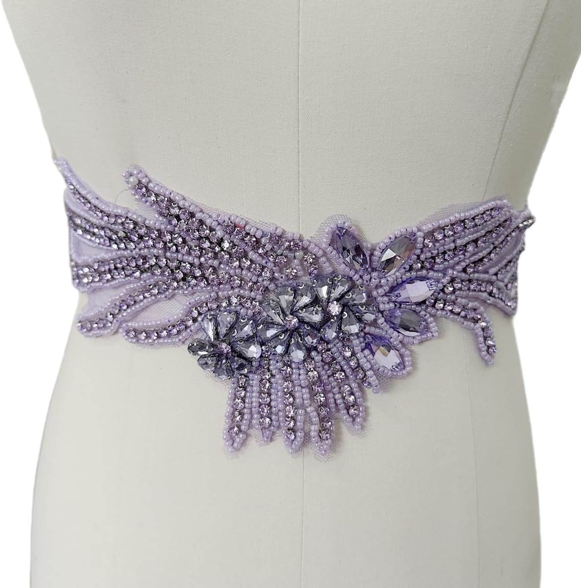 $20 Pure Handmade Rhinestones Applique Shining Decoration Trim Patches with Sewing Beads Glass Stones for Dress Clothing blet Accessories 14X3.9inches (Light Purple)
