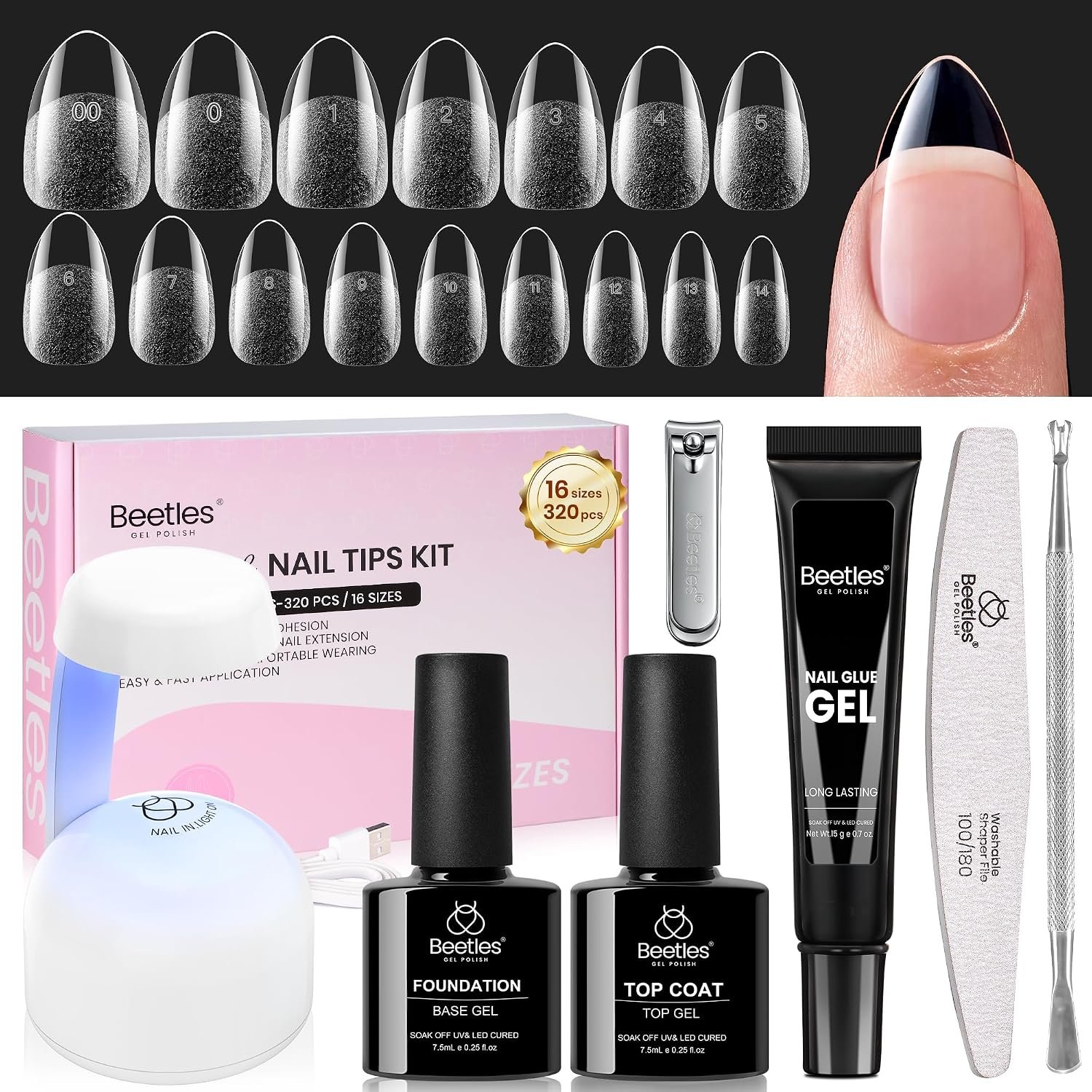 $27 Beetles Gel Nail Kit Flat-X, Almond Short, 320pcs 16 Sizes Nail Tips