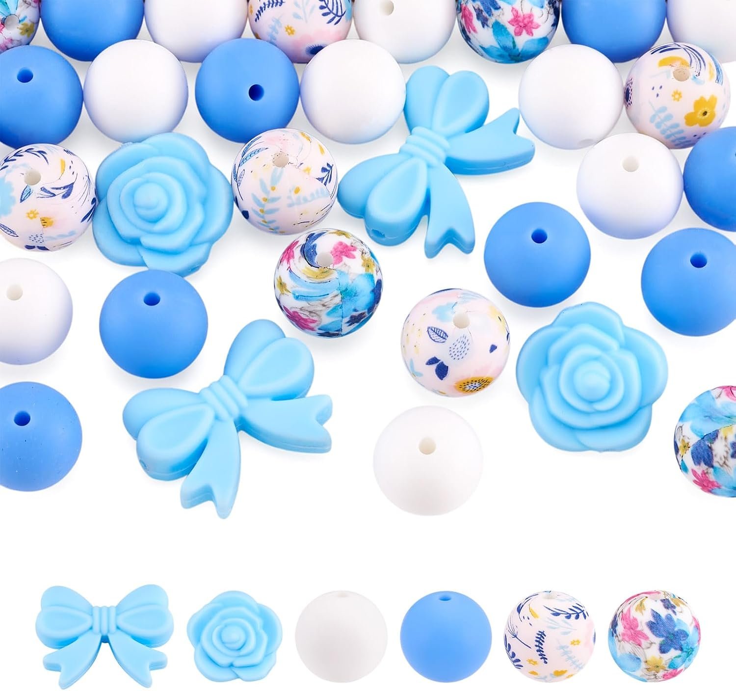 $9 34Pcs Blue Silicone Focal Beads for Pen Bow Flower Silicone Beads for Keychain Making, Assorted Flower Printed Rose Focal Bead for Bracelet Necklace Earring Jewlery Making