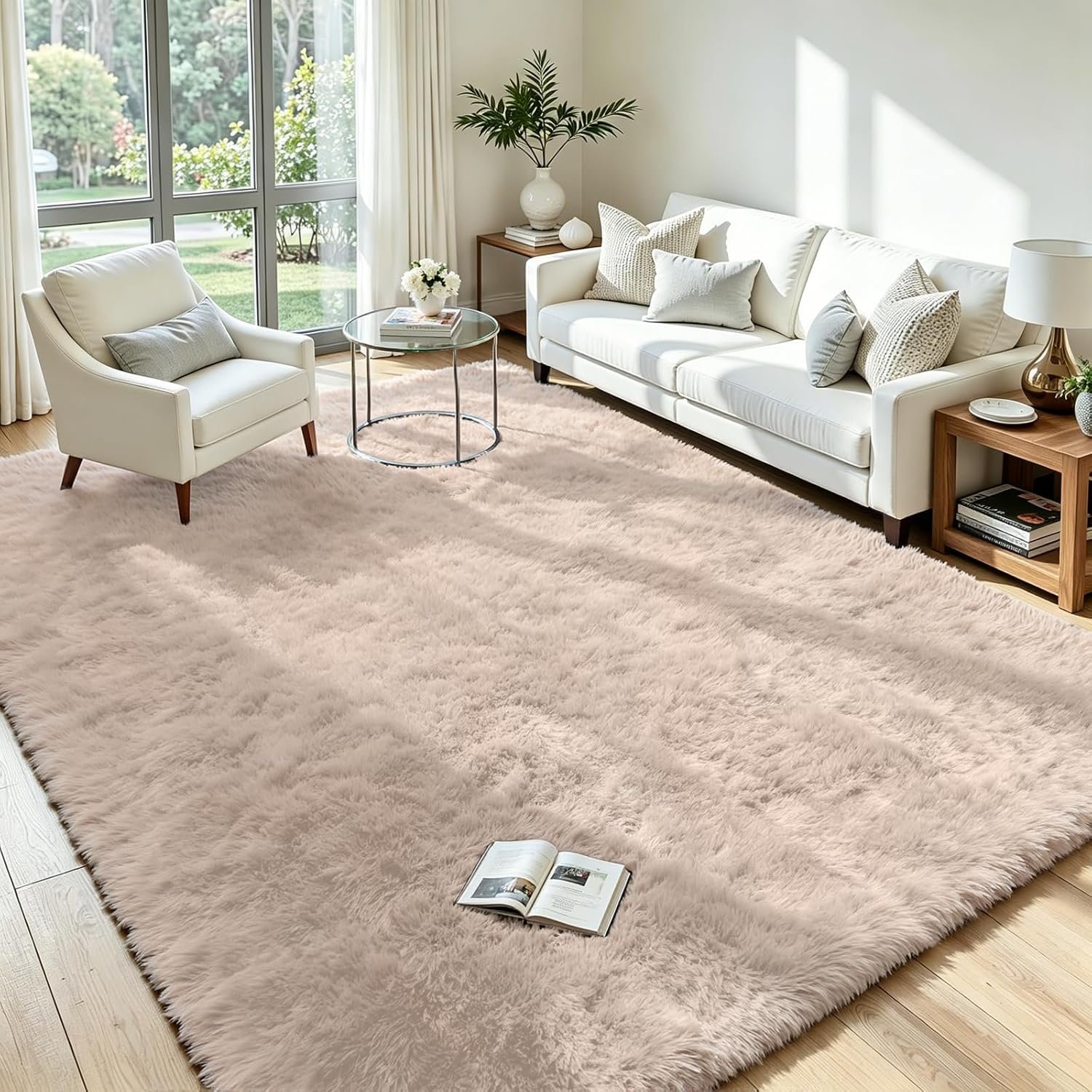 $50 5x7 Fluffy Area Rug for Living Room: Soft Non-Slip Beige Bedroom Carpet