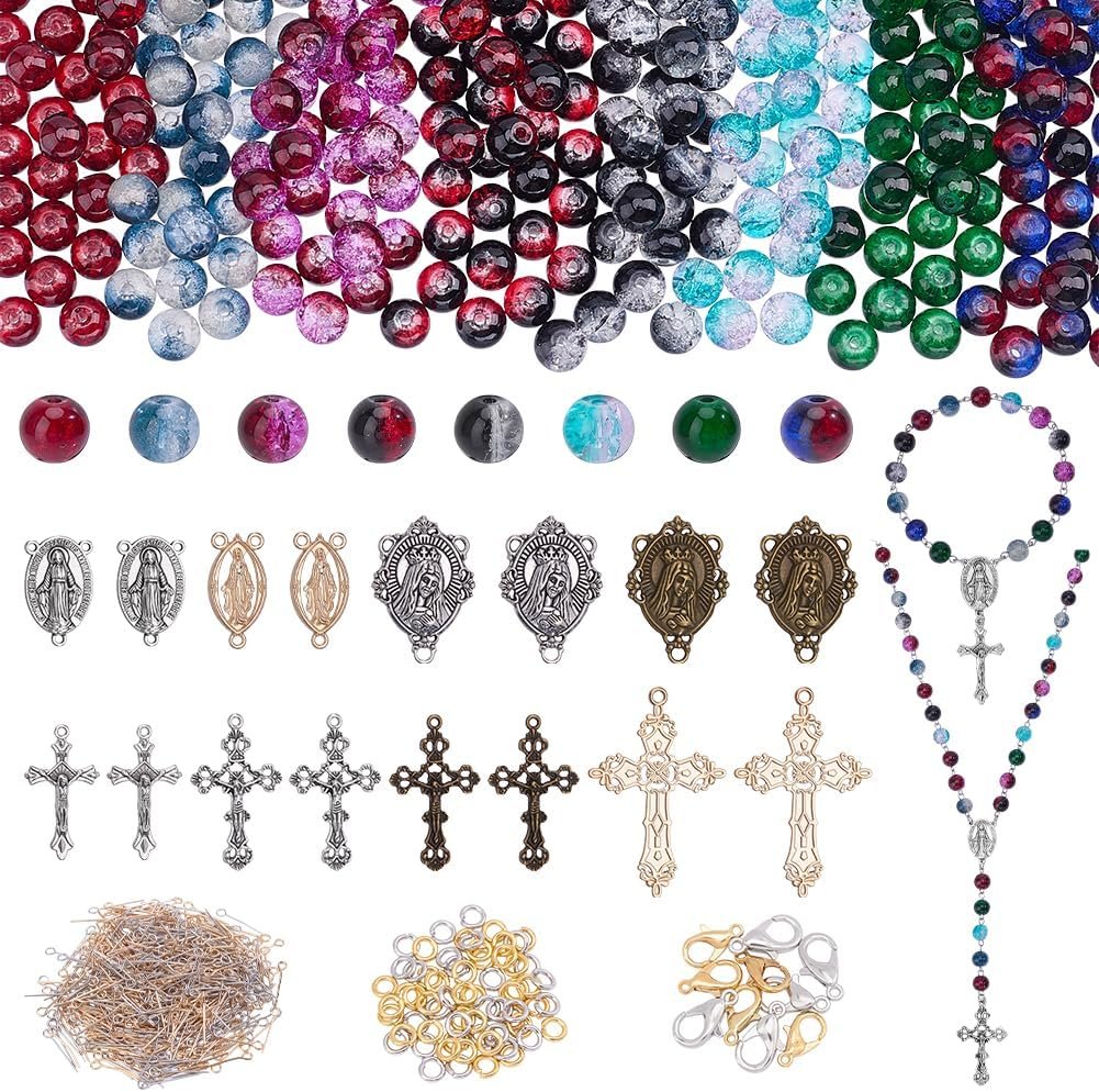 $16 PH PandaHall 1186pcs DIY Rosary Jewelry Making Kit, 8 Colors Glass Crackle Beads 8mm Round Beads Cross Crucifix Charms with Pin Clasp Jump Ring for Ramadan First Communion Necklace Jewelry Making