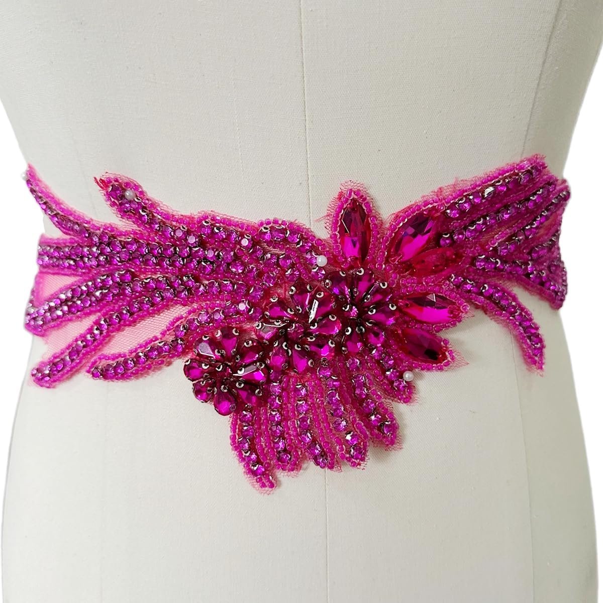 $20 Pure Handmade Rhinestones Applique Shining Decoration Trim Patches with Sewing Beads Glass Stones for Dress Clothing blet Accessories 14X3.9inches (Rose red)