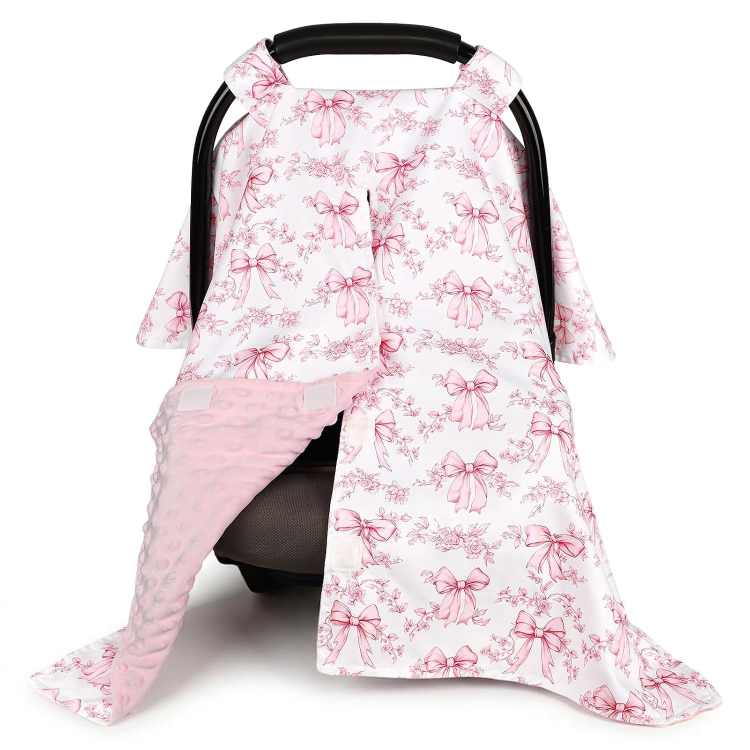 $20 Baby Car Seat Cover, Soft Minky Warm Winter Car Seat Canopy for Infants & Toddlers, Opening with Adjustable Strap, Breathable Nursing Cover & Stroller Blanket, Bow Flowers (Fits Most Car Seats)