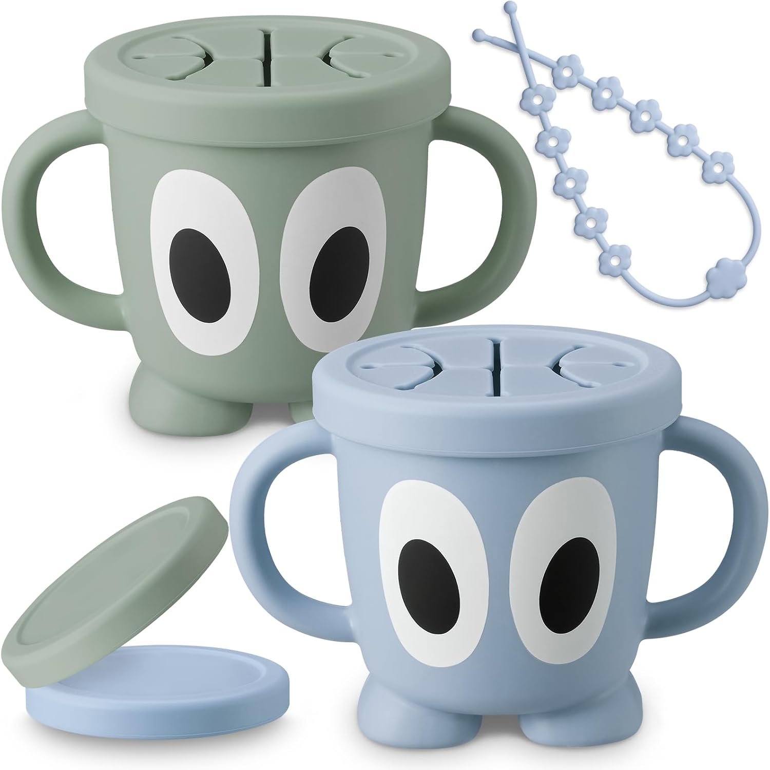 $15 Silicone Snack Cups Food Container for Toddlers and Babies, Spill Proof Training Cup with Snack Cup Lid & Dust Proof Lid, Comes with a toy strap, Without BPA, Lead, or Phthalates (Ether & Sage)