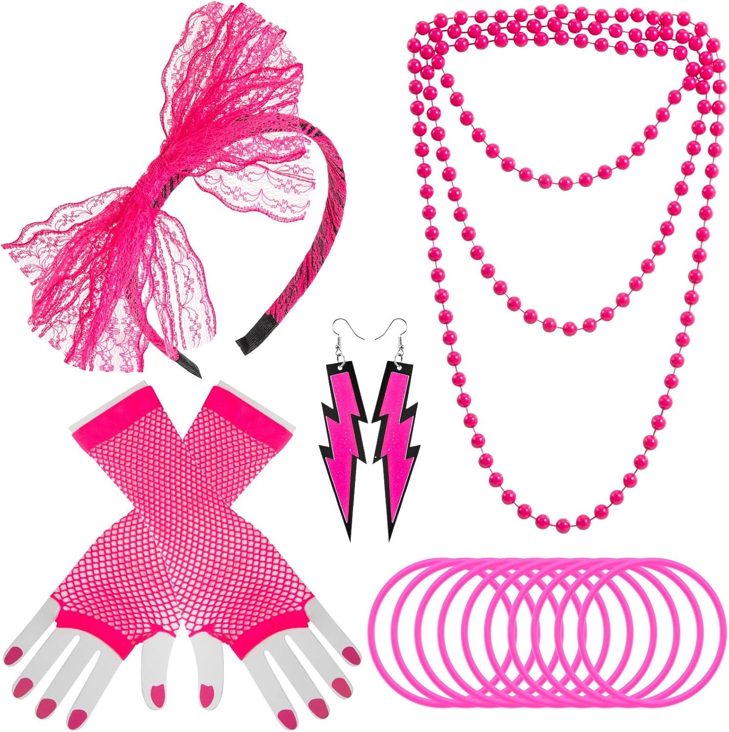 $6 80s Outfit for Women, Fancy Dress Costume Accessories Lace Headband Earrings Fishnet Gloves Necklace Bracelet for Women 80s Themed Party