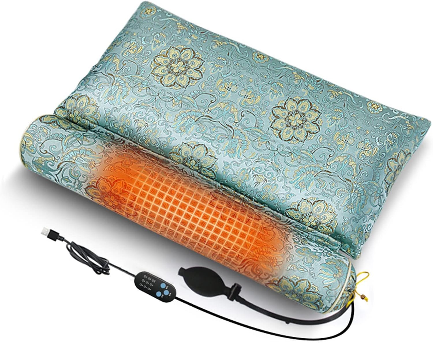 $67 Cervical Neck Traction Pillow,Buckwheat Pillow with Manual Inflation and Massage hot Compress Adjustable Neck for Pain Relief Sleeping,Post Shoulder Support,Pattern Blue