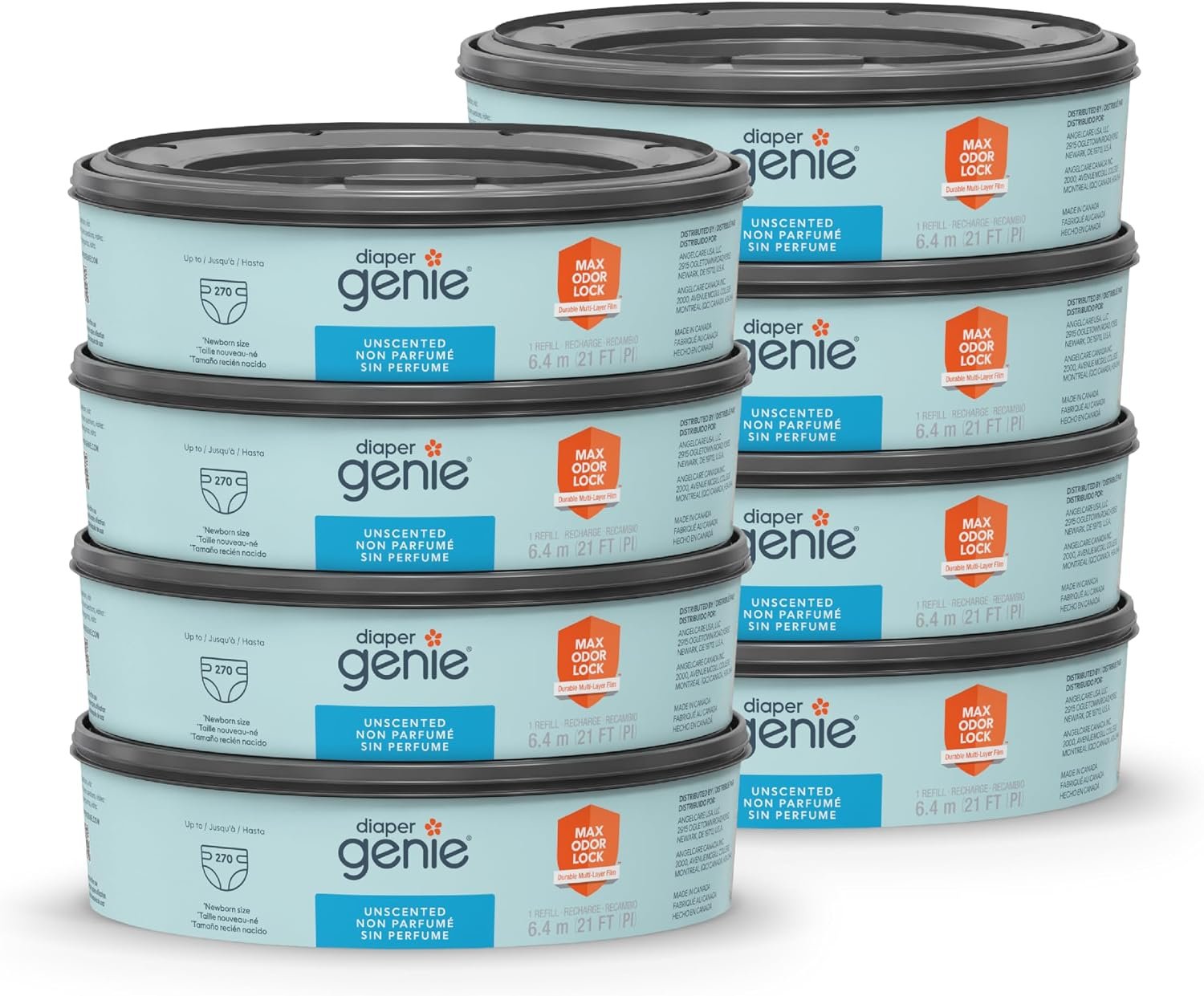 $48 Diaper Genie Bags Refills 270 Count (Pack of 8) with Max Odor Lock | Holds Up to 2160 Newborn Diapers