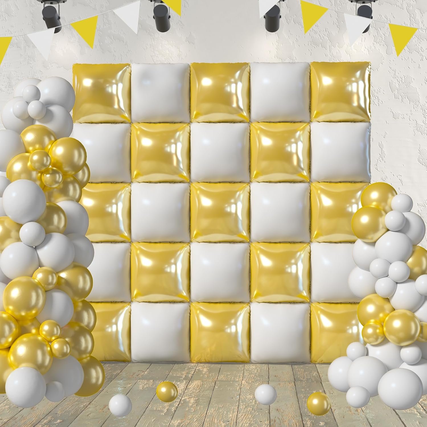 $14 Organfey Square Foil White and Gold Balloons Wall Tunnel Flat Double Sided Mylar Chrome Balloon Arch Garland Kit Birthday Wedding Graduation Engagement Anniversary Party Background Decorations