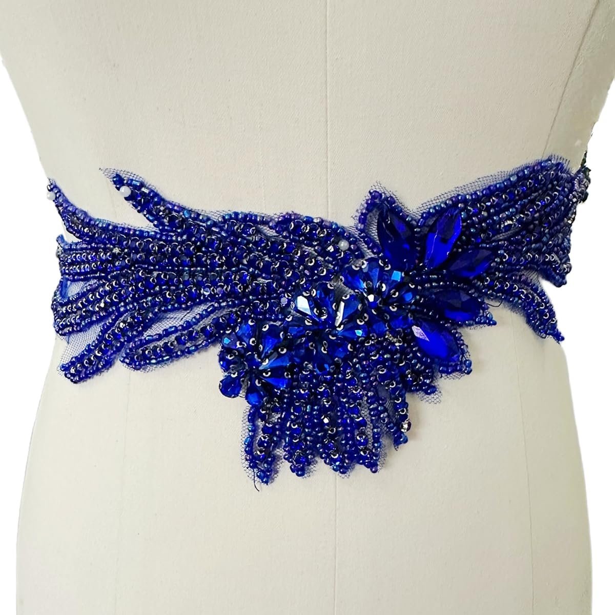 $20 Pure Handmade Rhinestones Applique Shining Decoration Trim Patches with Sewing Beads Glass Stones for Dress Clothing blet Accessories 14X3.9inches (Blue)