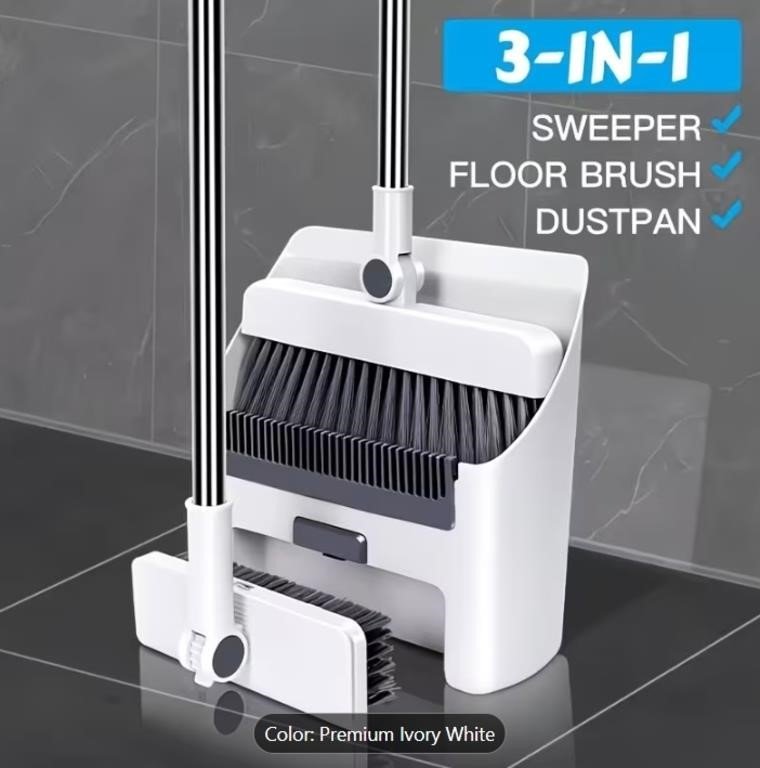 3-in-1 Broom and Dustpan Set, Premium Ivory White