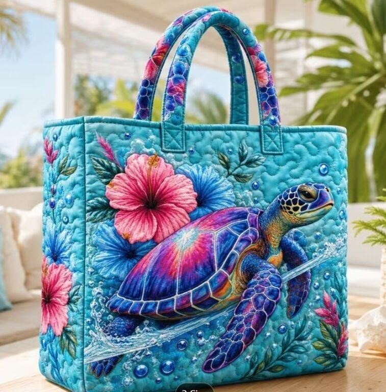 Quilted Sea Turtle and Hibiscus Print Tote Bag 16x17