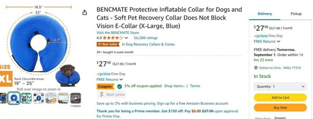 BENCMATE Protective Inflatable Collar for Dogs and Cats - Soft Pet Recovery Collar Does Not Block Vision E-Collar (X-Large, Blue