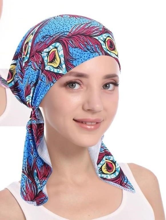 Pre-Tied Stretch Head Scarf, Peacock Feather Print