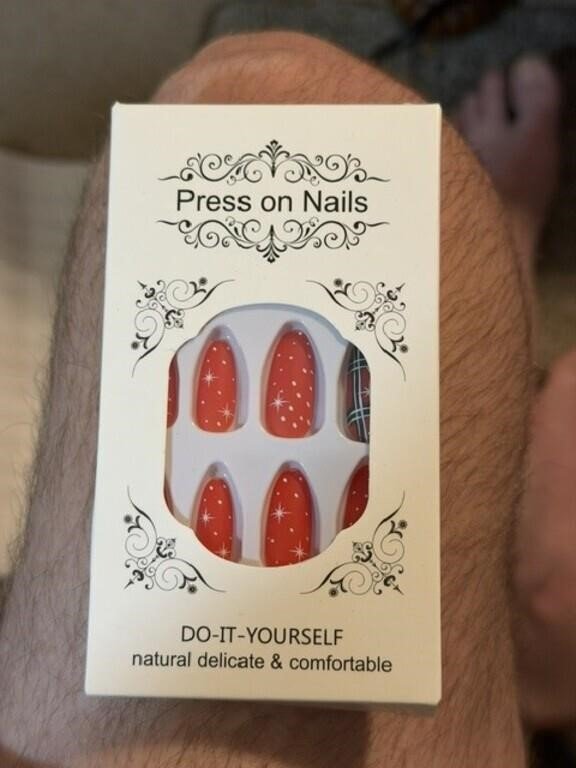 Press On Nails Set, Red Almond Shape With White Star Accents