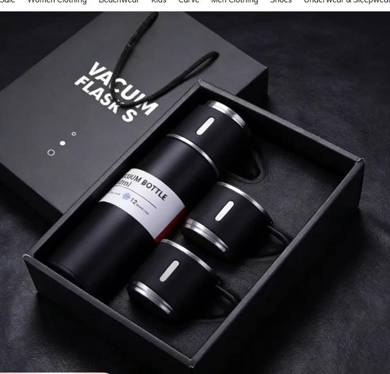 Black Vacuum Flask Gift Set With Three Cups