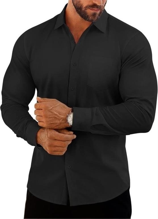 Men's Black Long-Sleeve Button-Front Dress Shirt with Chest Pocket Size Large
