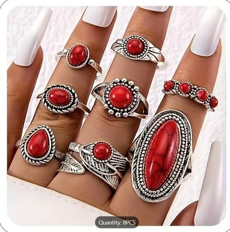 Eight-Piece Silver-Tone Ring Set With Red Cabochon Stones