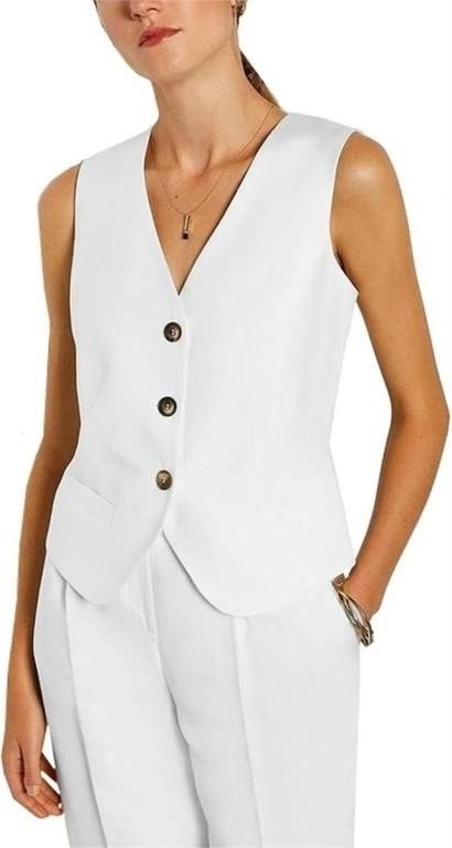White V-Neck Button-Front Tailored Vest Size Large